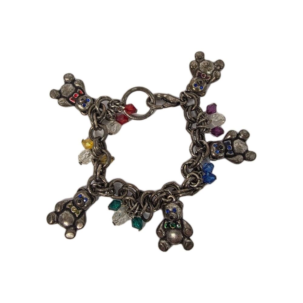 Teddy Bear Charm Bracelet Silver Tone Rhinestone Bear Bead Dangle 7in